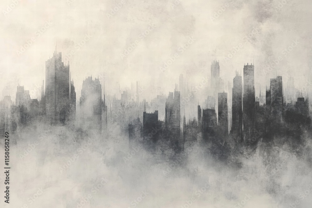 Dense smog blankets sprawling city skyline, obscuring buildings and altering visibility during early morning hours. Generative AI Dense smog blankets sprawling city skyline, obscuring buildings and altering visibility during early morning hours. Generative AI