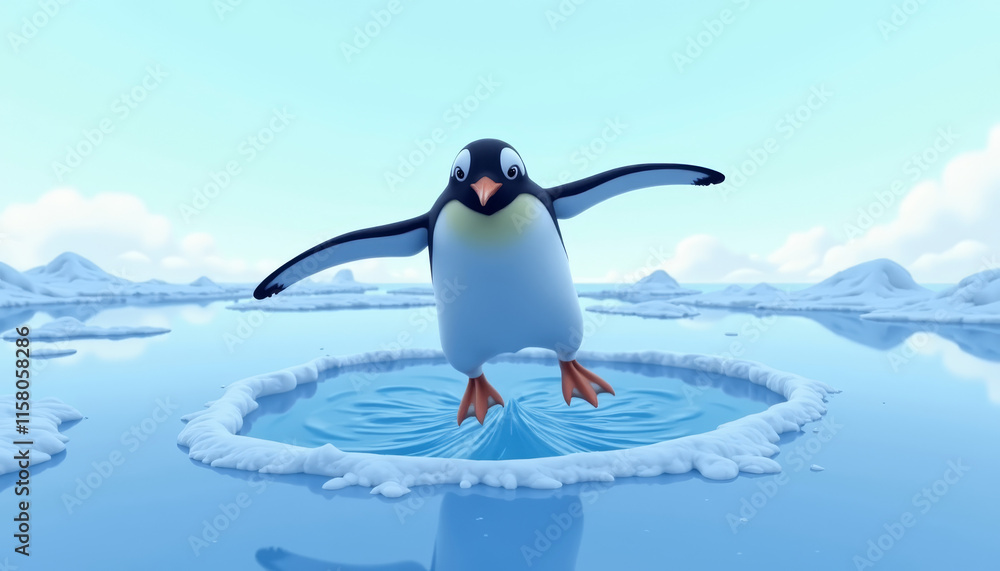 Obraz premium Playful penguin sliding on ice in a vibrant Antarctic landscape
