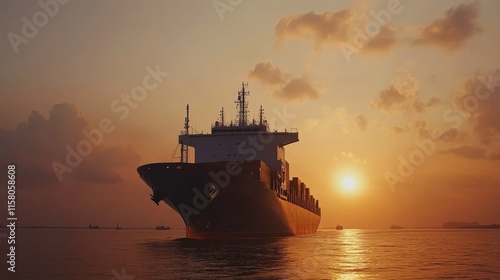A cargo ship silhouetted against a vibrant sunset, reflecting on calm waters, symbolizing maritime transport and trade.