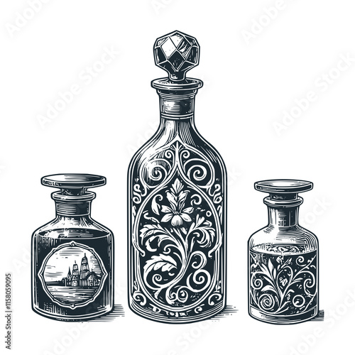 The vintage perfume bottles. Black white logo icon vector isolated.
