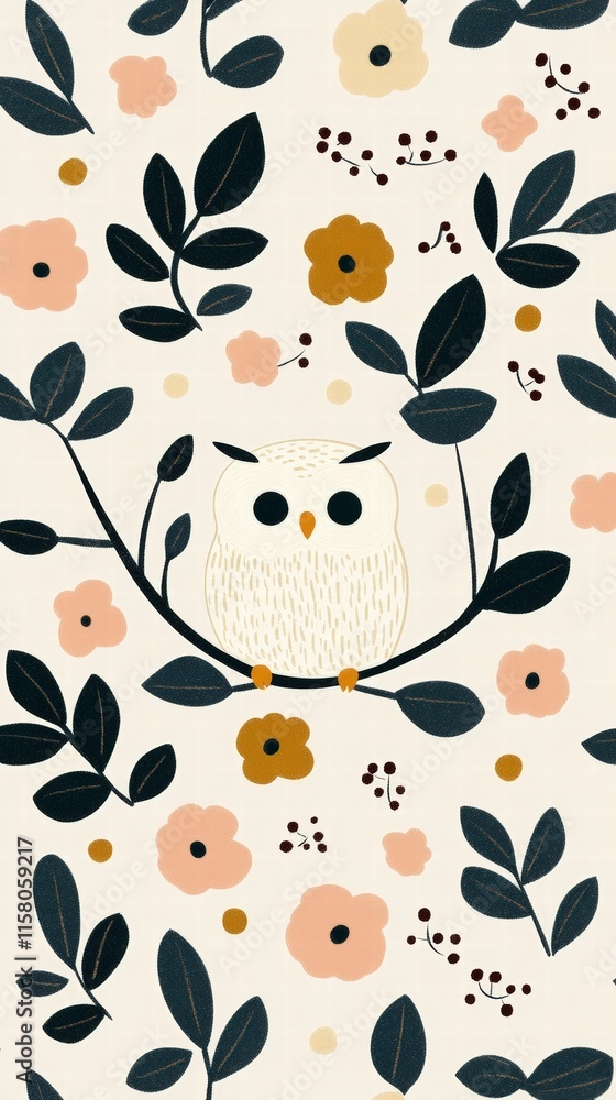 Fototapeta premium A whimsical illustration featuring an owl perched on a branch surrounded by colorful flowers and leaves, creating a playful and nature-inspired design.