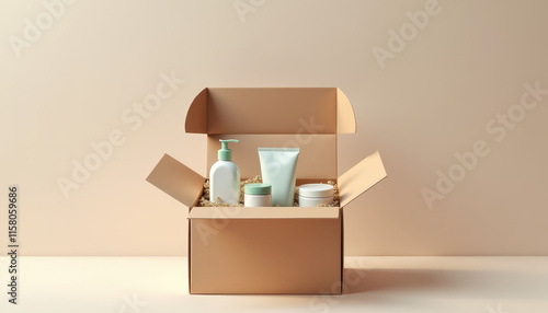 Open gift box containing personal care products on a soft background