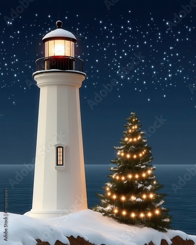 A serene winter scene featuring a lighthouse beside a decorated Christmas tree, set against a starry night sky over calm waters.
