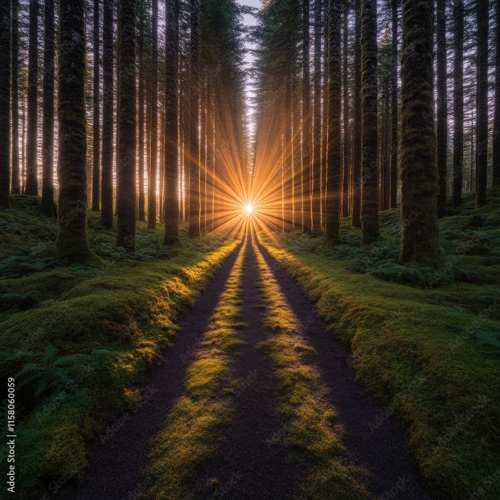 Fototapeta premium A serene forest path illuminated by the sun's rays, creating a tranquil atmosphere surrounded by tall trees and lush greenery.