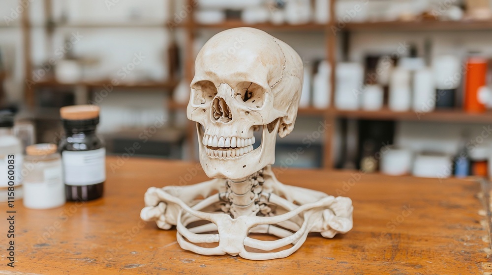 Human skull and upper torso skeleton model on wooden table in a laboratory setting. Human skull and upper torso skeleton model on wooden table in a laboratory setting.