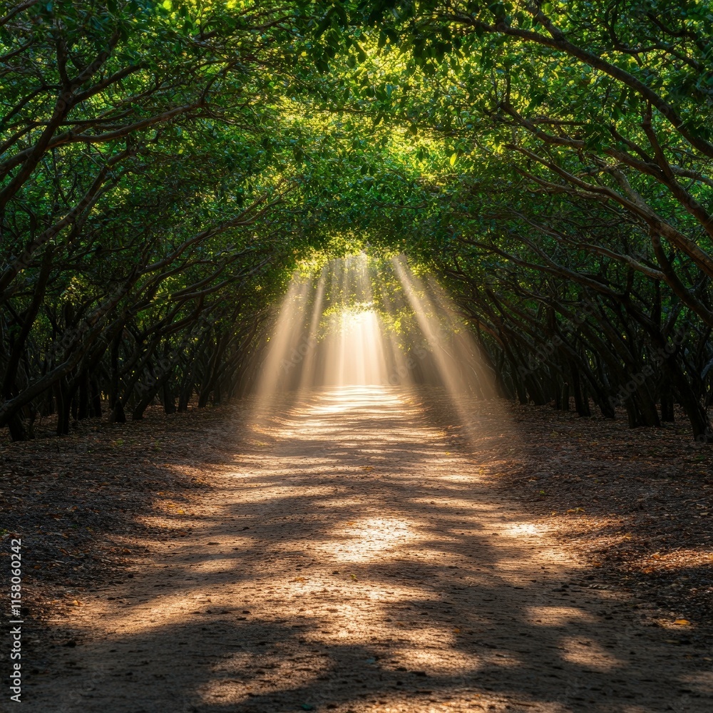 A serene pathway through a lush green forest, illuminated by rays of sunlight filtering through the canopy, creating a peaceful and enchanting atmosphere. A serene pathway through a lush green forest, illuminated by rays of sunlight filtering through the canopy, creating a peaceful and enchanting atmosphere.