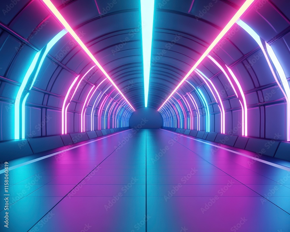 A futuristic tunnel illuminated by vibrant blue and pink neon lights, creating a dynamic and immersive atmosphere. The smooth surfaces and geometric lines enhance its modern aesthetic.
