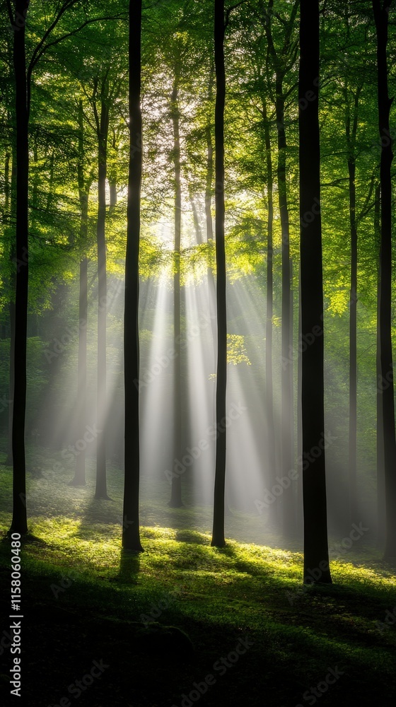 Obraz premium A serene forest scene illuminated by sunlight streaming through tall trees, creating a tranquil atmosphere with lush greenery and soft shadows on the ground.