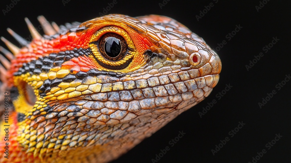 Close-up of a vibrant red, yellow, and black lizard's head against a black background. Close-up of a vibrant red, yellow, and black lizard's head against a black background.