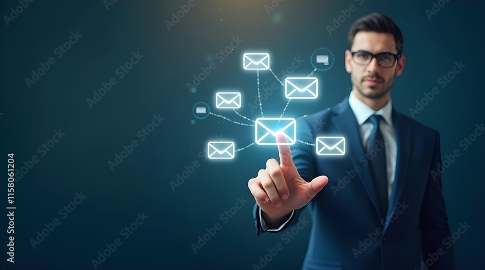 A man in a suit is pointing to a series of floating email icons on a dark background, suggesting a digital communication concept. A man in a suit is pointing to a series of floating email icons on a dark background, suggesting a digital communication concept.