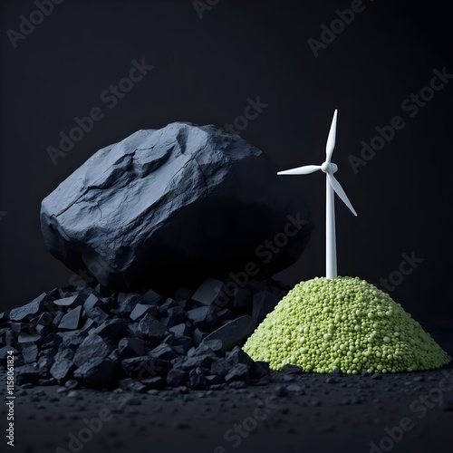 Coal vs wind turbine; background, fossil fuels vs renewable energy, wallpaper  photo