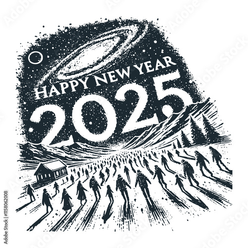 The night space with milky way galaxy. 2025 happy new year. Black white logo icon vector isolated. 