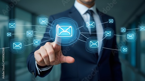 A man in a suit is pointing to a series of floating email icons on a dark background, suggesting a digital communication concept.