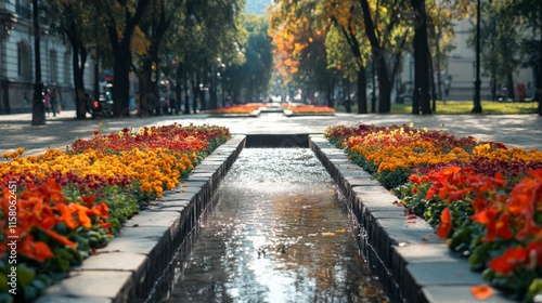 Colorful Flower Beds with Water Features in Public Space