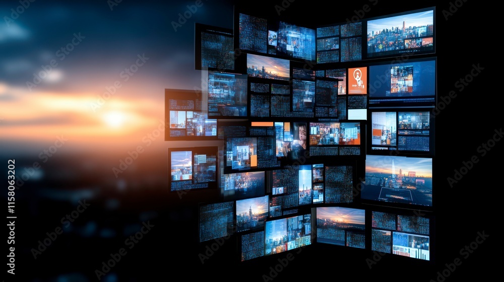 A digital display featuring multiple screens showcasing urban landscapes and data visuals. A digital display featuring multiple screens showcasing urban landscapes and data visuals.