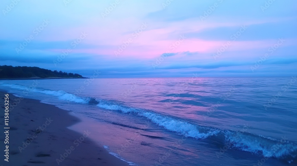 Fototapeta premium Serene Twilight Seascape: Coastal Tranquility at Dusk
