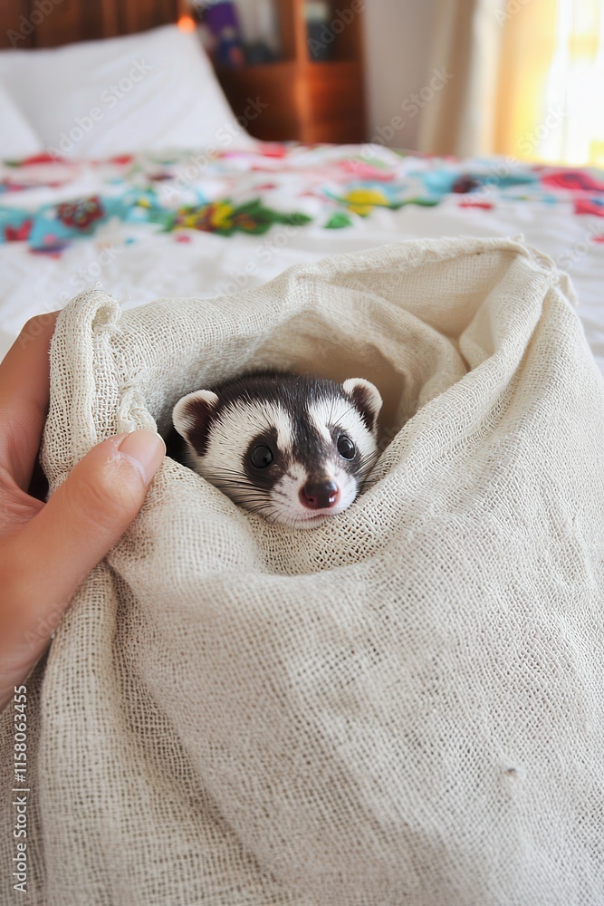 Cute Ferret Peeking Out from Cozy Fabric Bag in Bright Room Cute Ferret Peeking Out from Cozy Fabric Bag in Bright Room