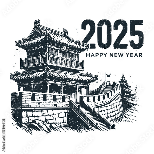 The great wall of China. 2025 happy new year. Black white logo icon vector isolated. 