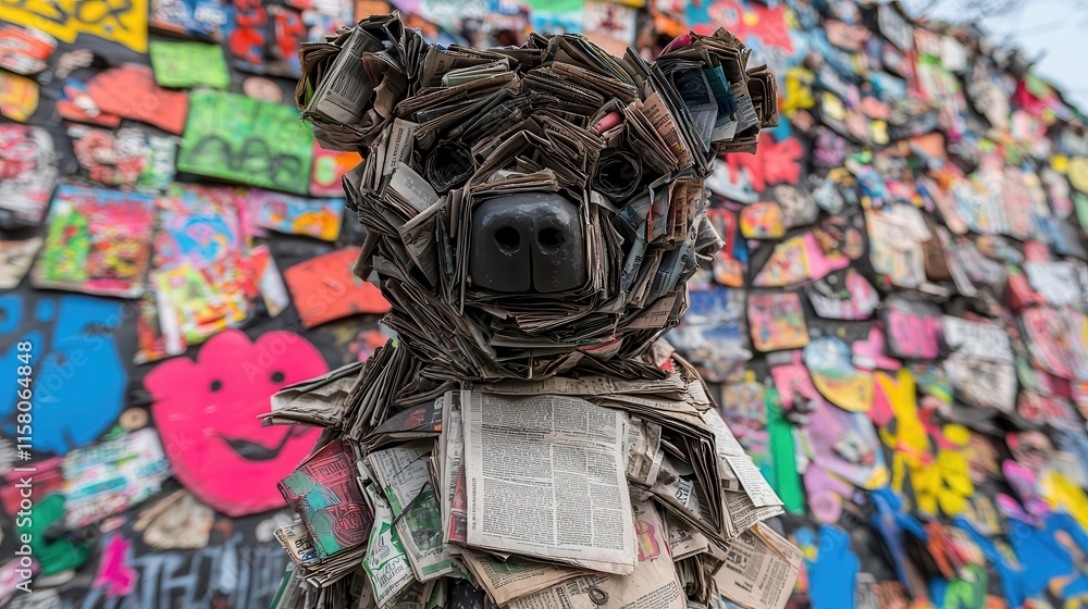 Fototapeta premium Creative Bear Sculpture Made from Recycled Newspaper Clippings