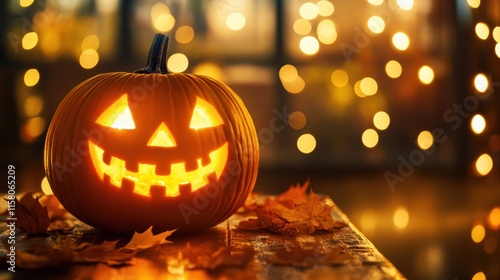 Illuminated Jack-o'-lantern on Autumnal Night photo