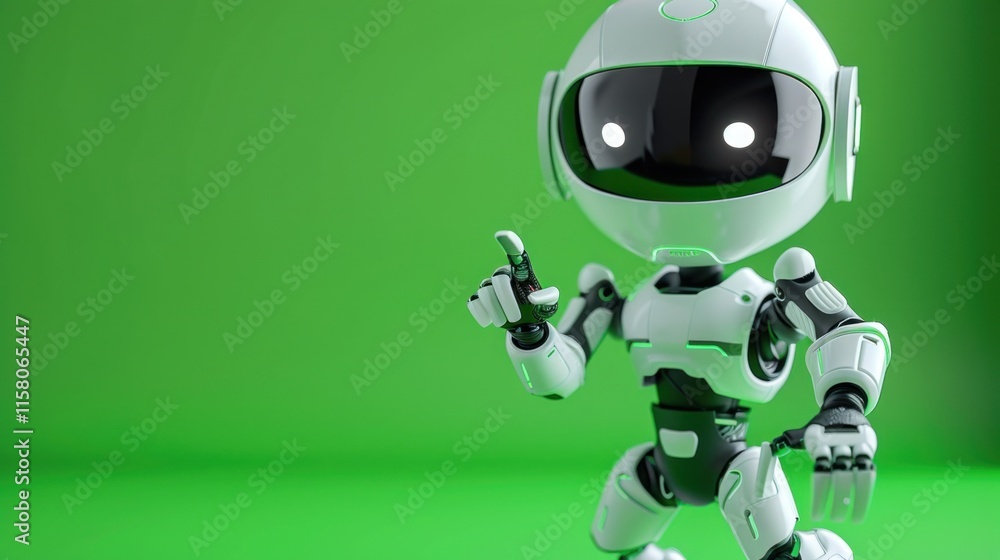 cute mini robot pointing with finger on green background cute mini robot pointing with finger on green background