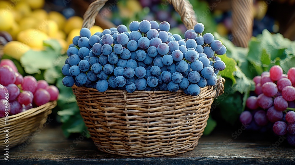 Fresh grapes in a wicker basket displayed on a farmers market table. Fresh grapes in a wicker basket displayed on a farmers market table.