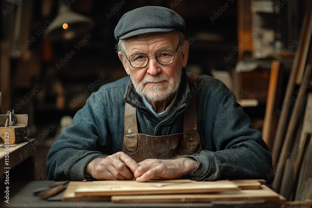Elderly Craftsman Working in His Woodshop Elderly Craftsman Working in His Woodshop