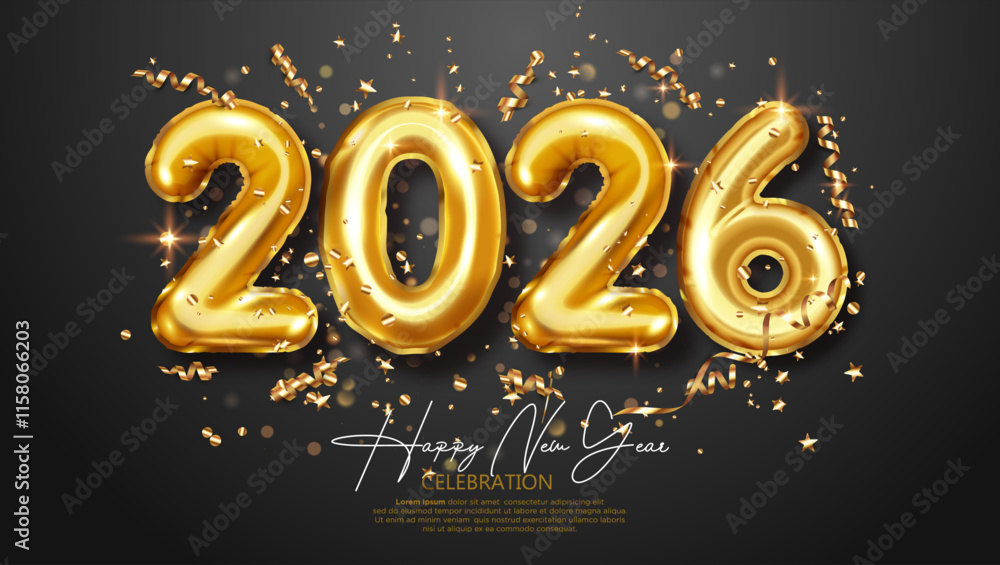 Happy New Year 2026 Gold Balloons Confetti Celebration Happy New Year 2026 Gold Balloons Confetti Celebration