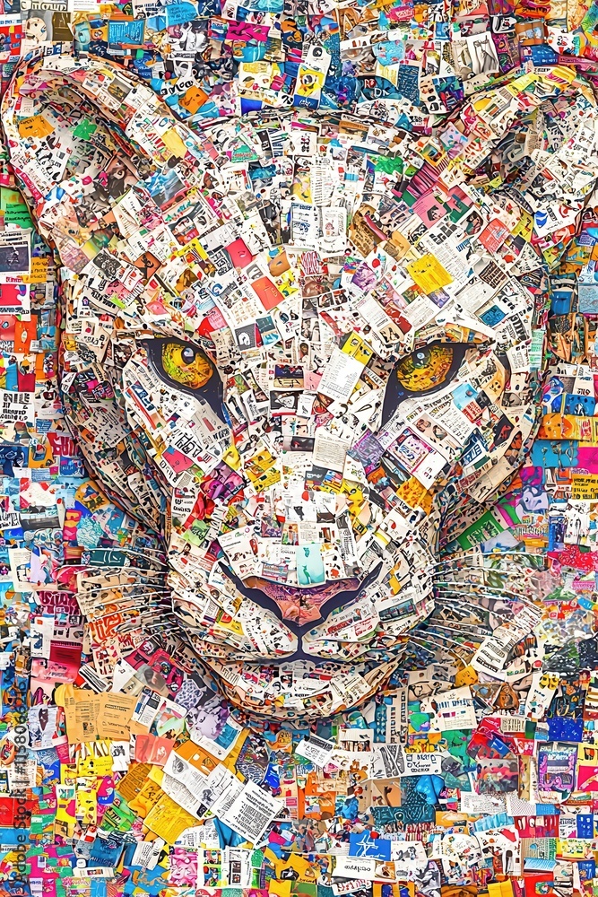 Fototapeta premium Artistic Lion Portrait Created with Colorful Collage of Various Materials