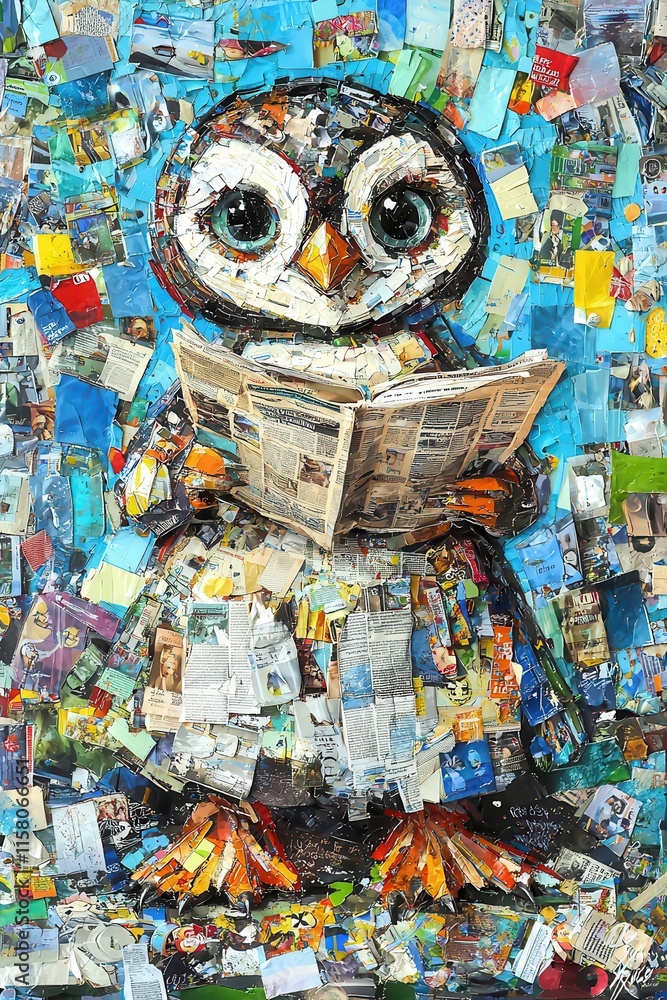 Colorful Collage of an Owl Reading a Newspaper with Mixed Media Art Colorful Collage of an Owl Reading a Newspaper with Mixed Media Art