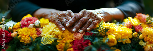 Elderly Hands Resting on Vibrant Flower Arrangement Photo