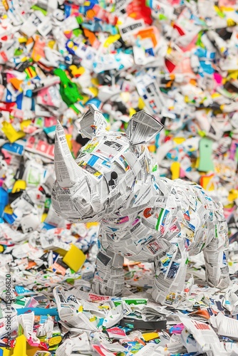 Paper Sculpture of Rhinoceros Surrounded by Colorful Trash