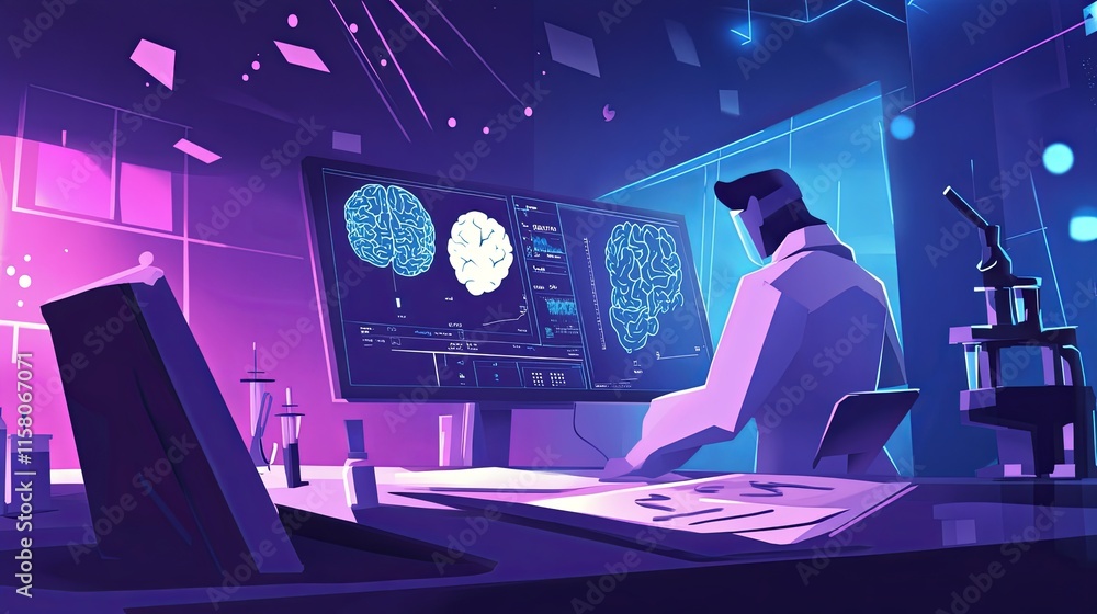 Dedicated Scientist in Lab Coat Analyzing Brain Scan for Autism Research, Surrounded by Medical Documents and Microscope on Computer Screen Dedicated Scientist in Lab Coat Analyzing Brain Scan for Autism Research, Surrounded by Medical Documents and Microscope on Computer Screen