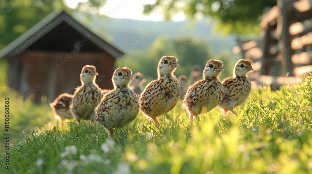 Adorable baby birds in a grassy field near a shed. Adorable baby birds in a grassy field near a shed.