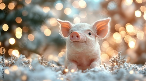 Adorable piglet nestled in snowy festive setting with bokeh lights.