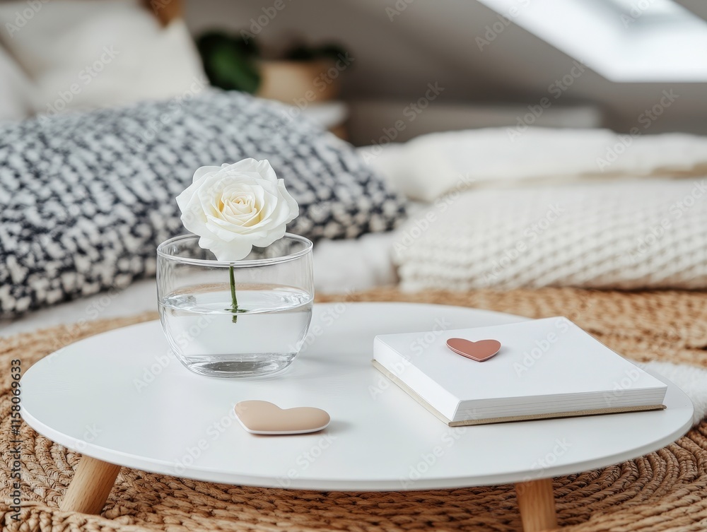 A cozy, minimalist setting featuring a vase with a white rose, a notebook, and heart-shaped decorations on a round table, creating a serene atmosphere. A cozy, minimalist setting featuring a vase with a white rose, a notebook, and heart-shaped decorations on a round table, creating a serene atmosphere.