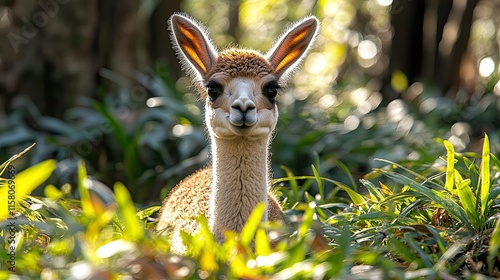 Adorable young vicu?a peering from lush greenery, sunlight illuminating its soft fur. photo