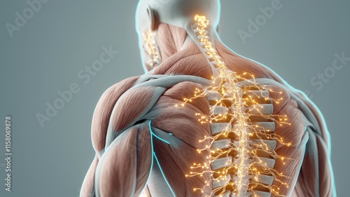Human anatomy illustration showcasing muscles and spine with glowing effects.