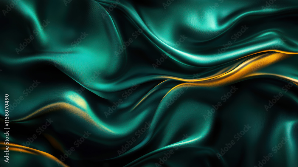 Obraz premium A flowing silk fabric texture, shimmering in vibrant emerald green with soft gold accents, illuminated by soft ambient light