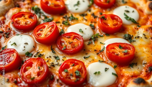 A delicious vegetarian pizza topped with juicy cherry tomatoes, melted mozzarella cheese, and fresh oregano, showcasing a vibrant and appetizing close-up photo