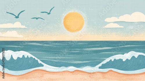 Naive art style beach landscape with waves, sun, and sky showcasing a serene coastal atmosphere. Generative AI