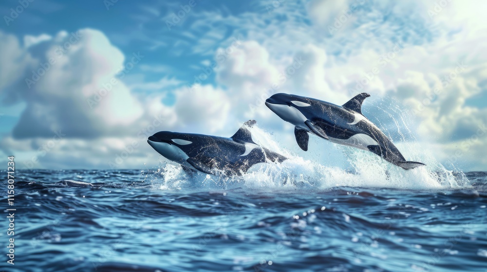 Fototapeta premium Two Orcas Leaping Out of the Water
