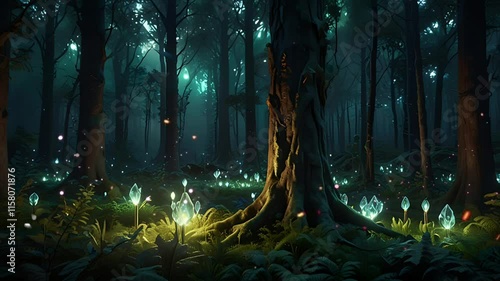 A magical forest scene with sparkling flowers and fireflies. Seamless 4K looping timelapse video animation background