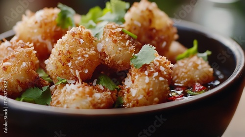 Wallpaper Mural A professional food photograph showcasing crispy Coconut Shrimp, perfectly battered and fried, coated with golden coconut flakes, served on a white plate alongside a vibrant sweet Torontodigital.ca