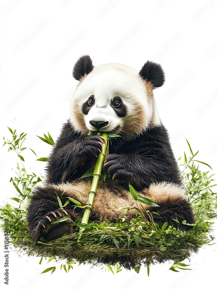 Obraz premium A cute panda enjoying bamboo among lush greenery, showcasing the charm of wildlife in its natural habitat.