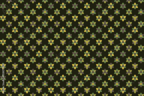 Geometric seamless pattern with six fold flowers yellow green n brown on dark background. Vector illustration. For masculine shirt lady dress cloth summer wallpaper cover