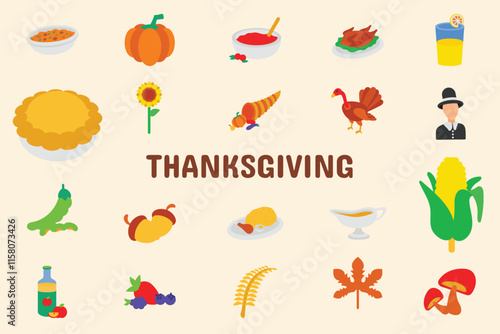 Thanksgiving Flat Vector Illustration Icon Sticker Set Design Materials