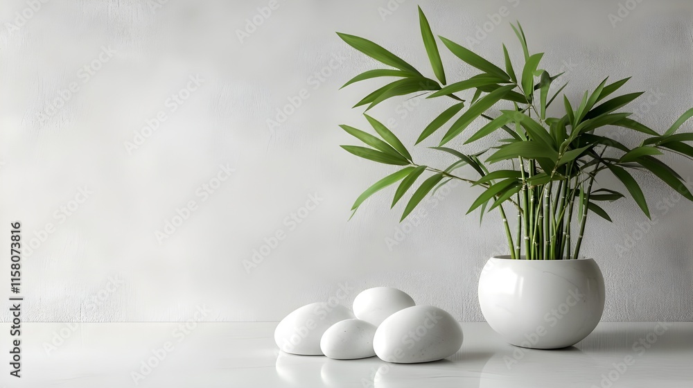 Smooth White Stones and White Pot Arrangement. Smooth White Stones and White Pot Arrangement.