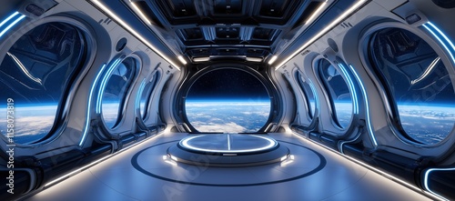Fototapeta Naklejka Na Ścianę i Meble -  Futuristic Spaceship Interior with View of Earth
