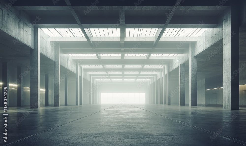 Foggy, vast, empty concrete hall with skylights and columns. Foggy, vast, empty concrete hall with skylights and columns.
